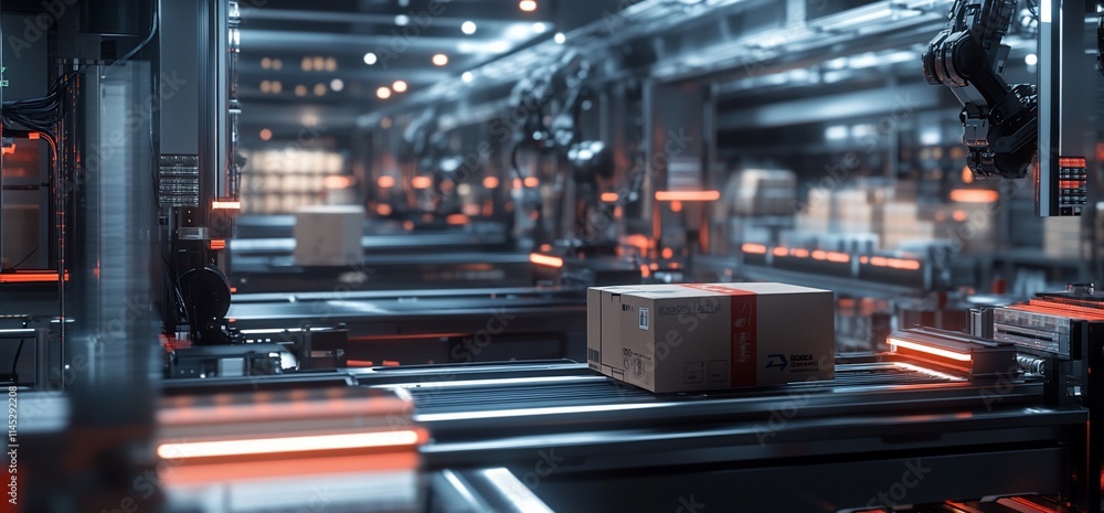 Poster automated warehouse with robotic systems handling packages on conveyor belts.