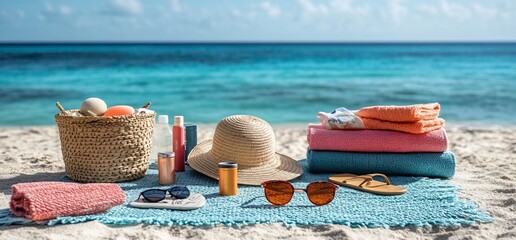 Beach setup with towels, sunglasses, and a sun hat on sandy shore.
