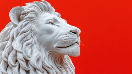Obraz premium White marble lion head statue against a red background.