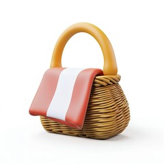 3D icon of a woven picnic basket with a red-and-white cloth draping out, clean lines isolated on white background