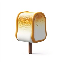 3D icon of a lightly toasted marshmallow on a simple brown stick, glossy finish isolated on white background