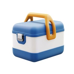 3D icon of a blue and white cooler box, smooth latch details, simple, clean design isolated on white background