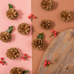 Fototapeta premium Christmas-Themed Flat Lay with Pine Cones and Red Berries