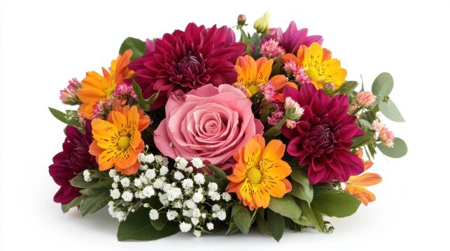 Ramo de flores naturales colorido con rosa y otras flores.