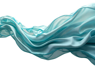 A piece of light blue fabric appears suspended in mid air against a black background, showcasing movement and fluidity with delicate folds and translucence.