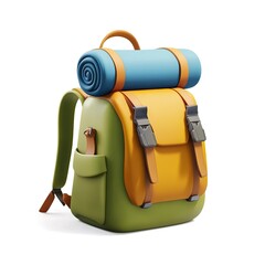 3D icon of a detailed camping backpack, green body, blue rolled-up sleeping bag on top, straps and zippers clearly defined,  isolated on white background