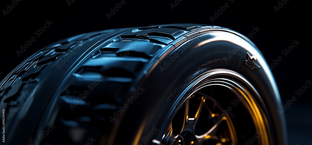 Poster close-up of a high-performance tire with a sleek design and shiny rim.