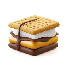 3D icon of a s’mores sandwich, simplified layers of graham cracker, chocolate, and marshmallow, clean lines isolated on white background