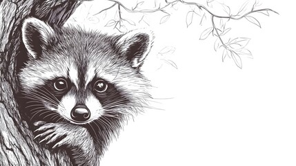 Obraz premium A curious raccoon peering out of a tree, outlined in detailed line art on a white background