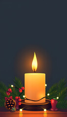 Burning candle with Christmas lights, flat design. isolated with white highlights