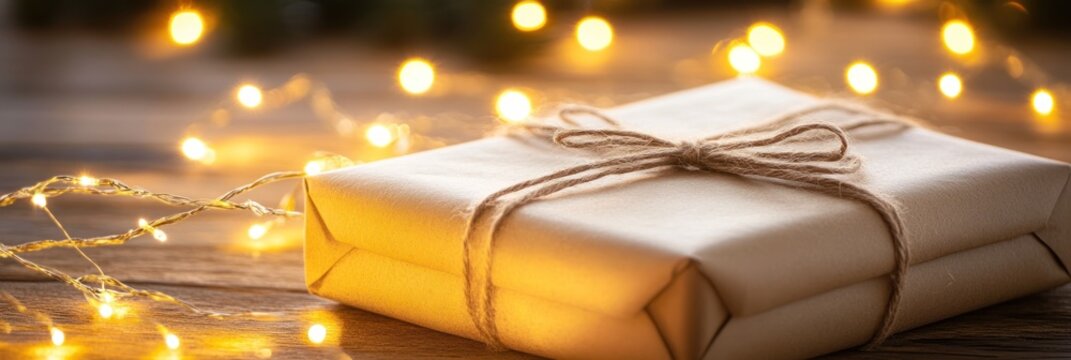 Wrapped gift with string on wood, illuminated by fairy lights.
