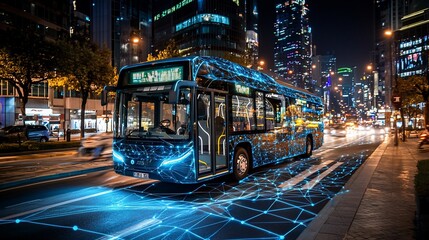 Obraz premium Futuristic electric bus driving on city street at night.