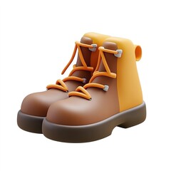 3D icon of brown hiking boots with detailed laces and soles, clean and simplified isolated on white background