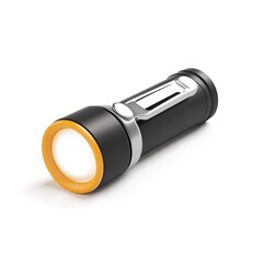 
3D icon of a black flashlight with a silver button and simplified beam effect, clean and glossy, isolated on white background