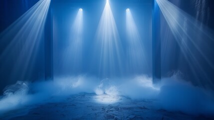 Dramatic blue stage lighting with fog and textured floor.