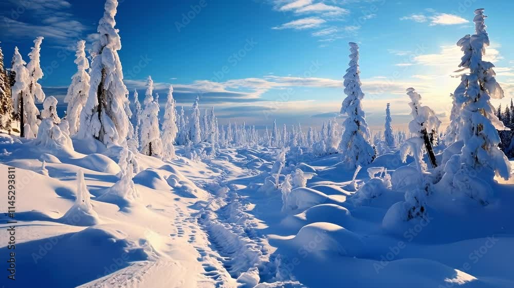 Poster footprints are marking the way through deep snow in a pristine forest covered with fresh powder as t