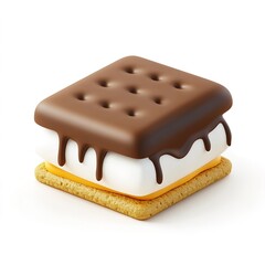 3D icon of a s’mores sandwich, simplified layers of graham cracker, chocolate, and marshmallow, clean lines isolated on white background