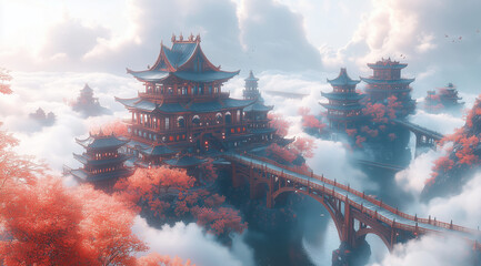 Naklejka premium Chinese Traditional Building on the cloud
