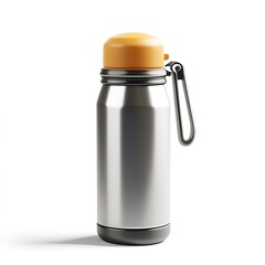 
3D icon of a shiny stainless steel thermos, cup lid slightly unscrewed, simplified design, isolated on white background