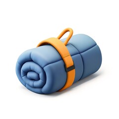 3D icon of a rolled-up blue sleeping bag, soft padded texture, with a strap holding it, isolated on white background