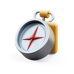 3D icon of a round silver compass, marked cardinal directions, red needle pointing north, glass-like finish isolated on white background