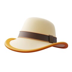 3D icon of a beige wide-brimmed sun hat with a sleek brown band, simplified and clean isolated on white background