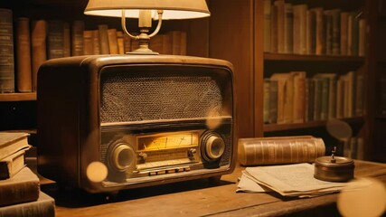 A vintage radio sits on a table next to a stack of books. The radio is turned off, and the books are arranged in a neat stack. Concept of nostalgia and a longing for simpler times