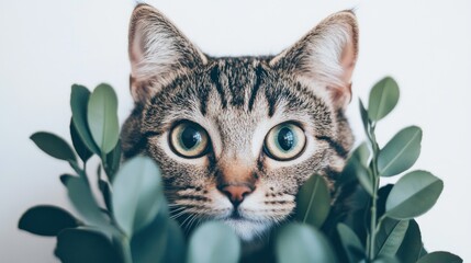 Close-up portrait of a tabby cat peeking from behind green leaves.