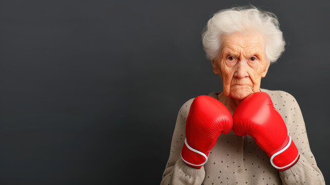 An elderly woman stands strong in a boxing ring, donning red gloves, prepared to embrace the challenge ahead.
