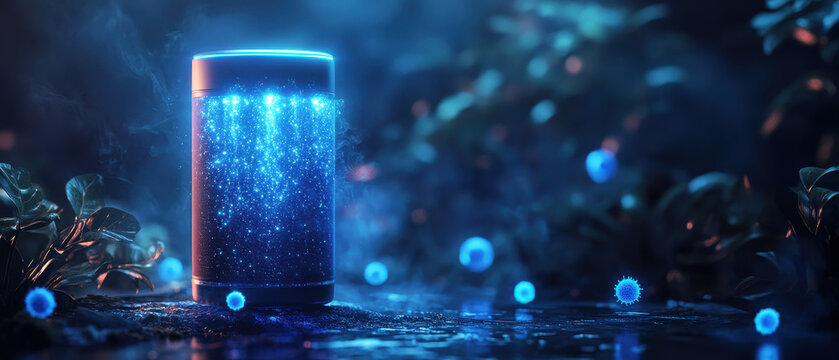 Smart Speaker, Sleek Design, Cool Blue Tones, Nighttime Setting, Product Marketing