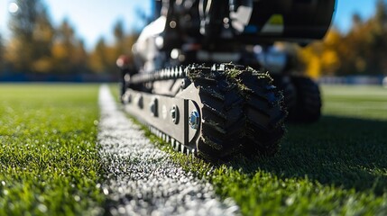 Close-up of a turf maintenance machine on a sports field edge.