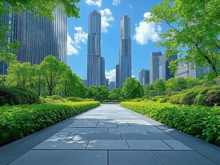 Wide Angle stock photo of an expansive city square surrounded by modern office buildings and...