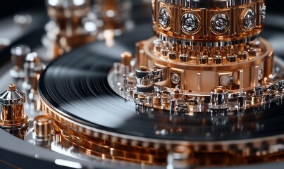 Close-up of a vintage record player showcasing intricate mechanical details.