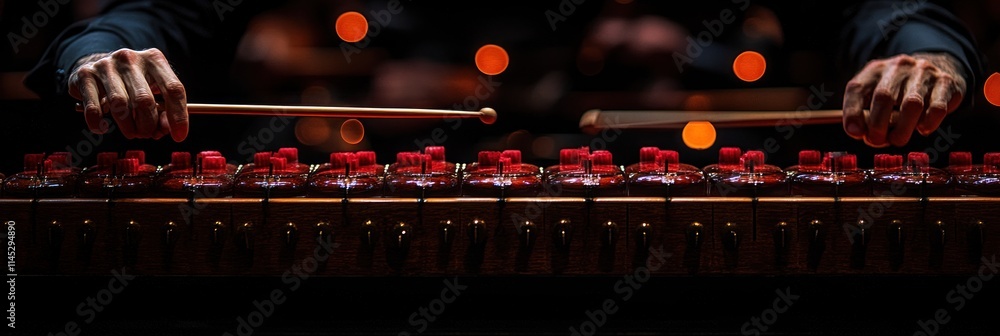 Poster close-up of hands playing a musical instrument with red keys.