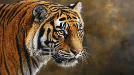 Fototapeta premium Tigre con pelaje anaranjado y rayas negras en un fondo difuminado.