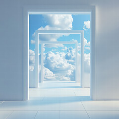 3D rendering of a white and blue sky with clouds, seen through a square portal. The light is coming from the top-left corner