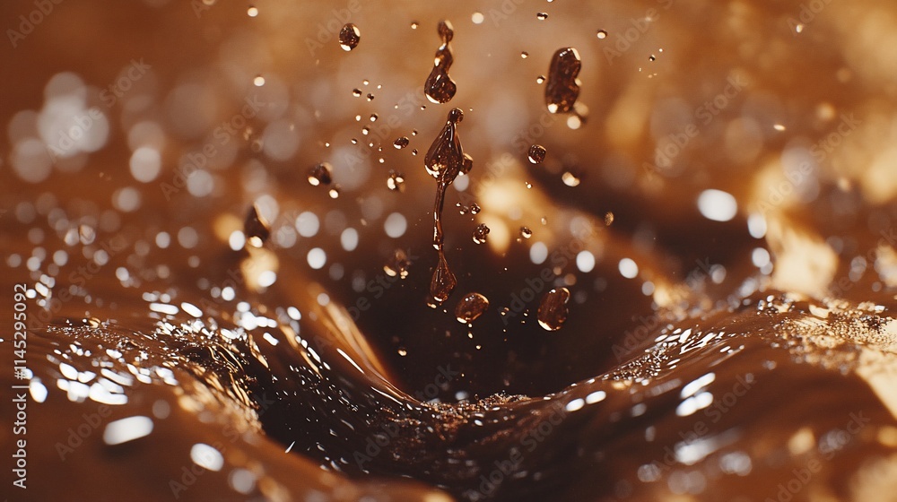 Poster close-up of chocolate splashing in liquid, showcasing texture and movement.