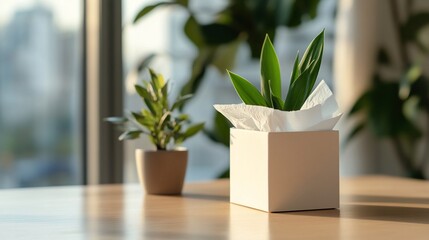 A serene indoor setting featuring potted plants on a table.