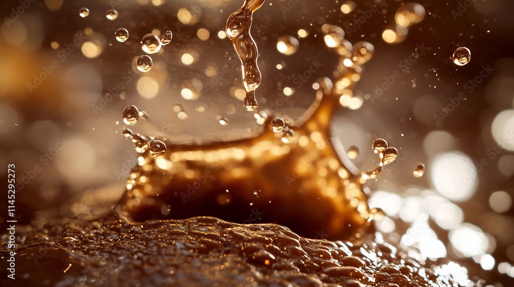 Poster close-up of liquid splashing, creating dynamic droplets in a rich brown hue.