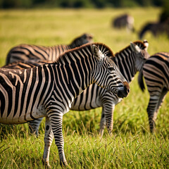 Fototapeta premium Zebras grazing in a lush green field with clear black and white stripes, captured in a serene natural habitat Generative AI