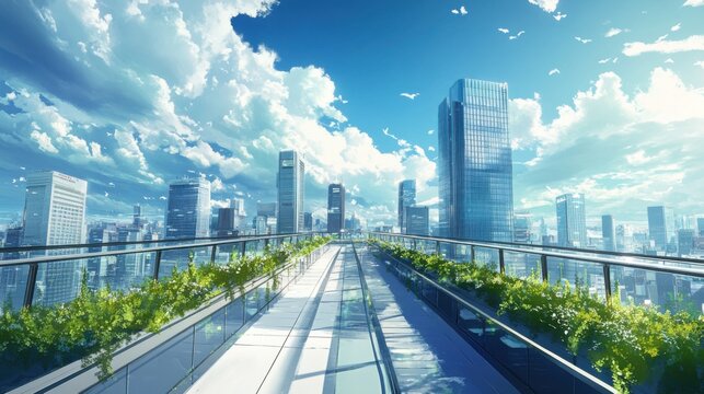 Vista arquitect&oacute;nica de una ciudad futurista con rascacielos y vegetaci&oacute;n.