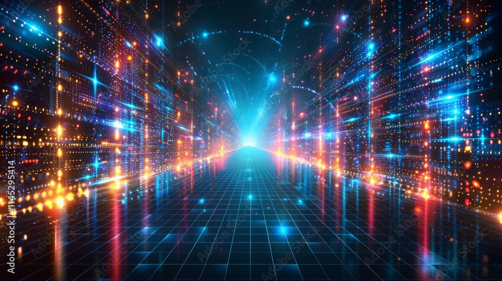 Poster futuristic digital highway with glowing lines and data streams.