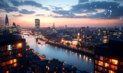 Fototapeta premium A scenic view of a city skyline at sunset over a river.