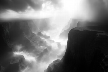 Misty canyon landscape reveals dramatic cliffs and flowing river under moody skies