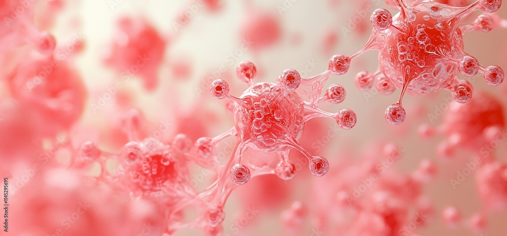 Poster close-up view of virus-like structures in a scientific context.