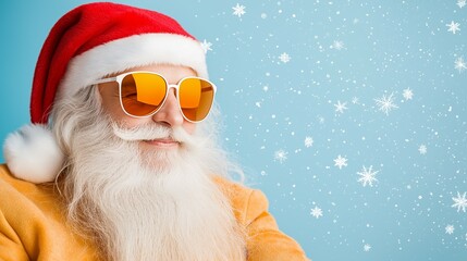 Smiling Santa Claus wearing stylish sunglasses and a winter hat, set against a snowy blue background. Christmas and New Year festive concept with copy space.