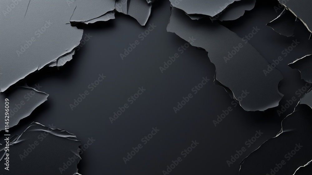 Poster dark textured surface with peeling layers revealing depth and dimension in a dramatic abstract compo