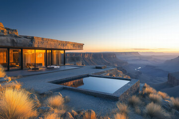 Modern architectural masterpiece overlooking breathtaking canyon at sunset