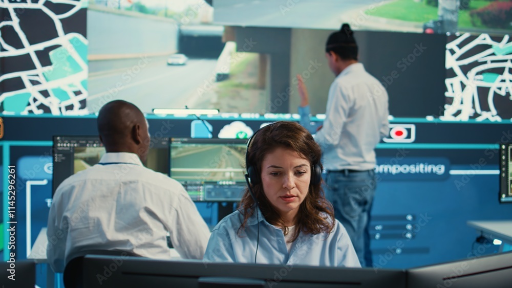 Poster call center employee communicating alternative routes for couriers, trying to avoid traffic by using
