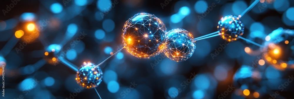 Poster abstract glowing spheres connected by lines, representing molecular structure or network.